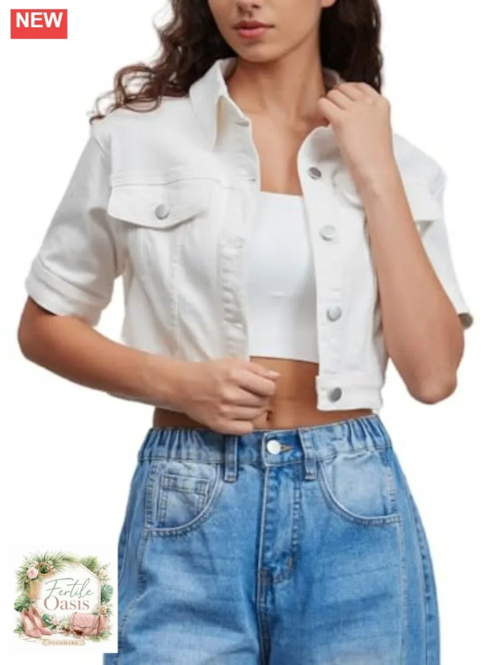 Women Cropped Denim Jacket Short Sleeve Button Down Trucker Jean Coat